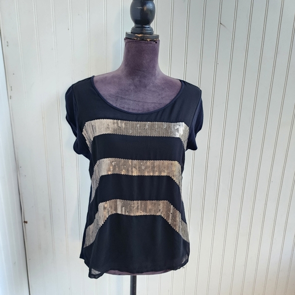 Express Women's Top  Black Navy Blue Silver  Sequins Stretch Back Striped Sz M - Picture 1 of 9